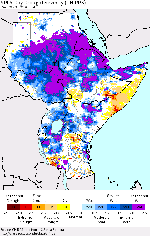 Eastern Africa SPI 5-Day Drought Severity (CHIRPS) Thematic Map For 9/26/2019 - 9/30/2019