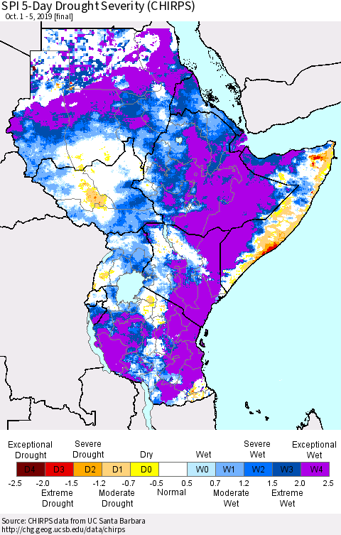 Eastern Africa SPI 5-Day Drought Severity (CHIRPS) Thematic Map For 10/1/2019 - 10/5/2019