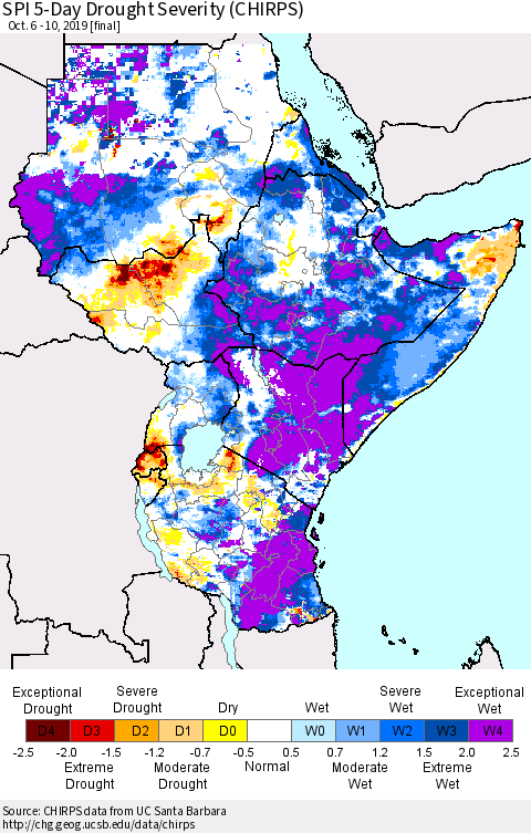 Eastern Africa SPI 5-Day Drought Severity (CHIRPS) Thematic Map For 10/6/2019 - 10/10/2019