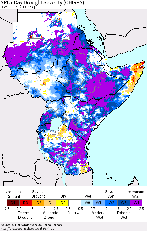 Eastern Africa SPI 5-Day Drought Severity (CHIRPS) Thematic Map For 10/11/2019 - 10/15/2019