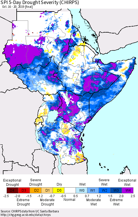 Eastern Africa SPI 5-Day Drought Severity (CHIRPS) Thematic Map For 10/16/2019 - 10/20/2019