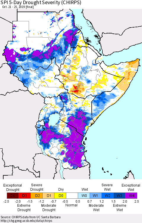 Eastern Africa SPI 5-Day Drought Severity (CHIRPS) Thematic Map For 10/21/2019 - 10/25/2019