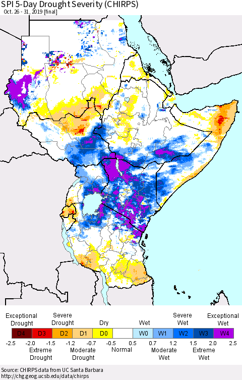 Eastern Africa SPI 5-Day Drought Severity (CHIRPS) Thematic Map For 10/26/2019 - 10/31/2019
