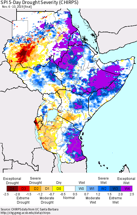 Eastern Africa SPI 5-Day Drought Severity (CHIRPS) Thematic Map For 11/6/2019 - 11/10/2019