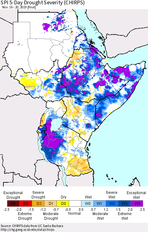 Eastern Africa SPI 5-Day Drought Severity (CHIRPS) Thematic Map For 11/16/2019 - 11/20/2019