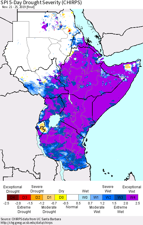 Eastern Africa SPI 5-Day Drought Severity (CHIRPS) Thematic Map For 11/21/2019 - 11/25/2019