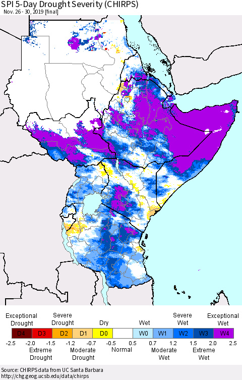 Eastern Africa SPI 5-Day Drought Severity (CHIRPS) Thematic Map For 11/26/2019 - 11/30/2019