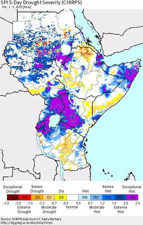 Eastern Africa SPI 5-Day Drought Severity (CHIRPS) Thematic Map For 12/1/2019 - 12/5/2019