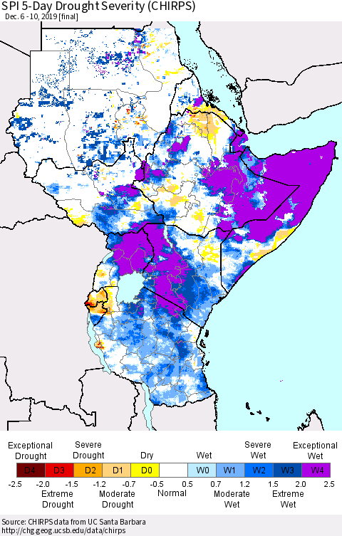 Eastern Africa SPI 5-Day Drought Severity (CHIRPS) Thematic Map For 12/6/2019 - 12/10/2019