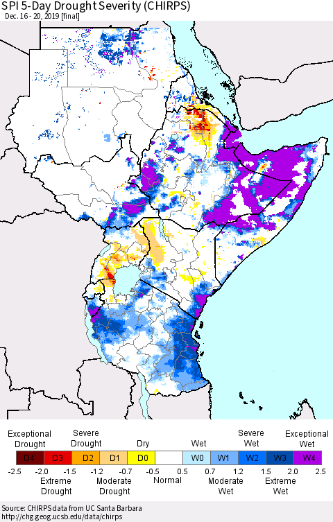 Eastern Africa SPI 5-Day Drought Severity (CHIRPS) Thematic Map For 12/16/2019 - 12/20/2019