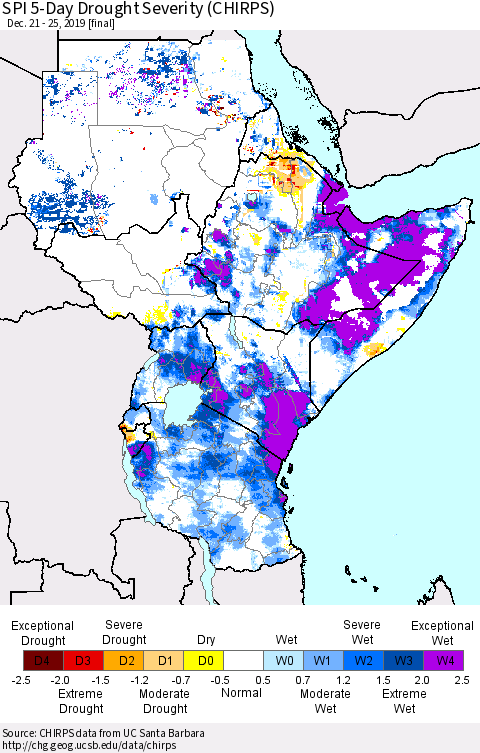 Eastern Africa SPI 5-Day Drought Severity (CHIRPS) Thematic Map For 12/21/2019 - 12/25/2019