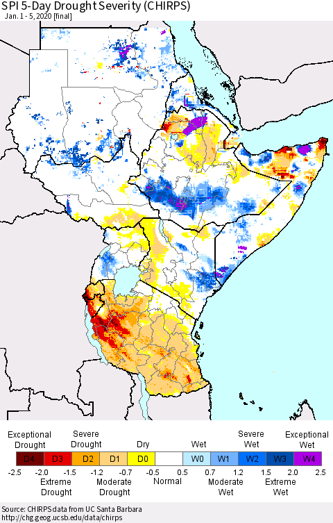 Eastern Africa SPI 5-Day Drought Severity (CHIRPS) Thematic Map For 1/1/2020 - 1/5/2020
