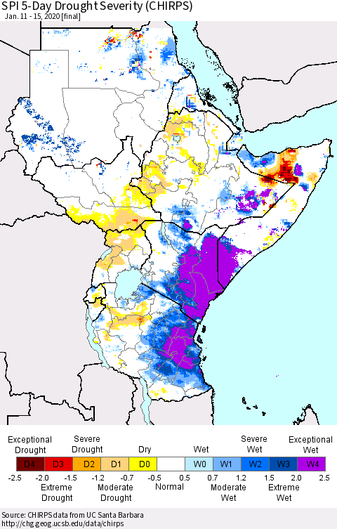 Eastern Africa SPI 5-Day Drought Severity (CHIRPS) Thematic Map For 1/11/2020 - 1/15/2020