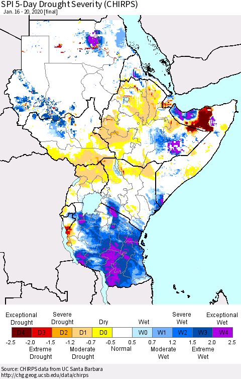 Eastern Africa SPI 5-Day Drought Severity (CHIRPS) Thematic Map For 1/16/2020 - 1/20/2020