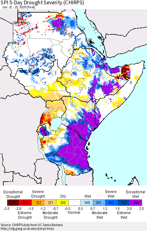 Eastern Africa SPI 5-Day Drought Severity (CHIRPS) Thematic Map For 1/21/2020 - 1/25/2020