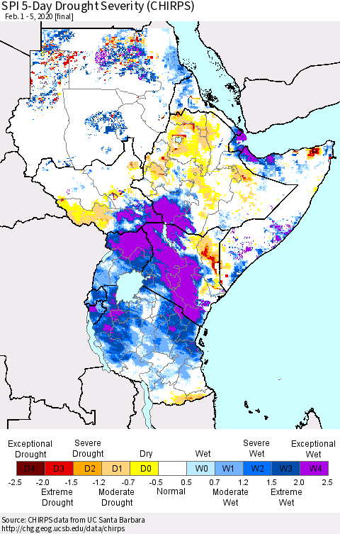 Eastern Africa SPI 5-Day Drought Severity (CHIRPS) Thematic Map For 2/1/2020 - 2/5/2020