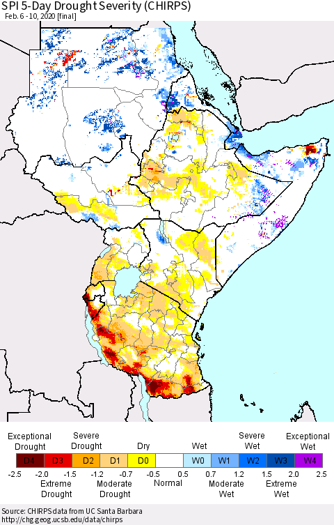 Eastern Africa SPI 5-Day Drought Severity (CHIRPS) Thematic Map For 2/6/2020 - 2/10/2020