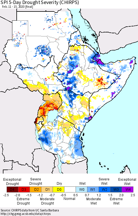 Eastern Africa SPI 5-Day Drought Severity (CHIRPS) Thematic Map For 2/11/2020 - 2/15/2020
