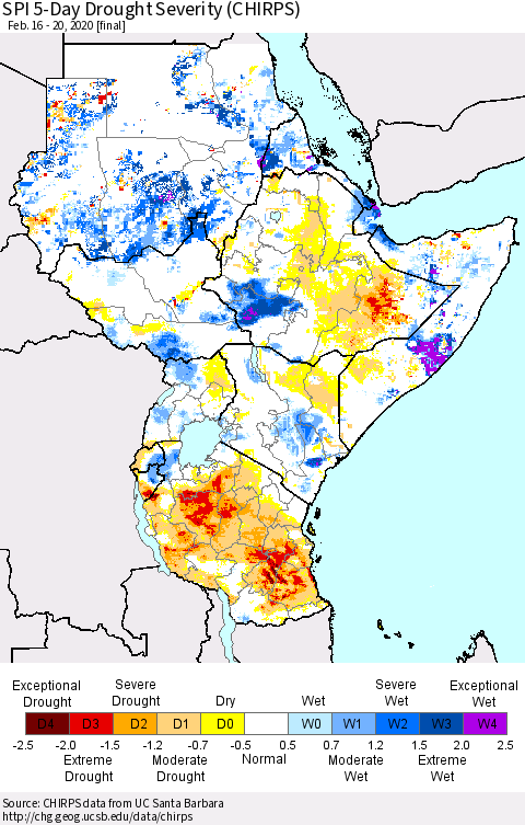 Eastern Africa SPI 5-Day Drought Severity (CHIRPS) Thematic Map For 2/16/2020 - 2/20/2020