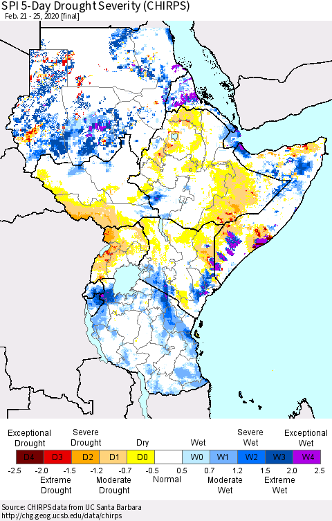 Eastern Africa SPI 5-Day Drought Severity (CHIRPS) Thematic Map For 2/21/2020 - 2/25/2020
