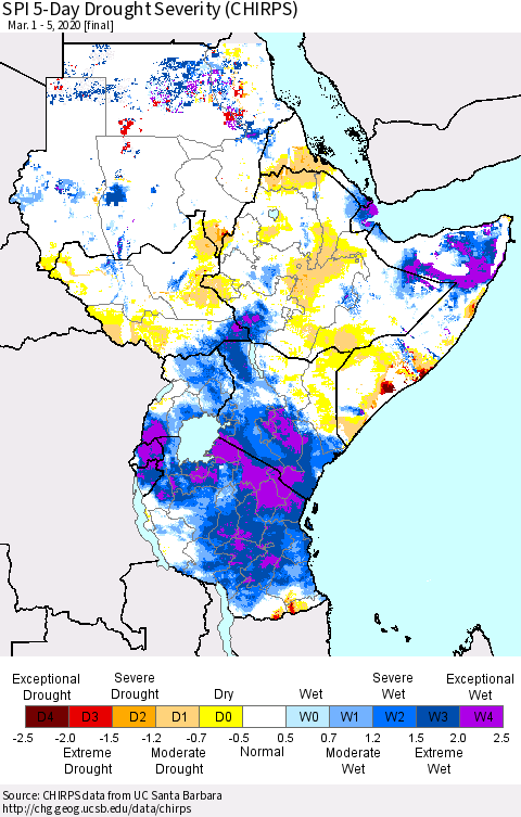 Eastern Africa SPI 5-Day Drought Severity (CHIRPS) Thematic Map For 3/1/2020 - 3/5/2020