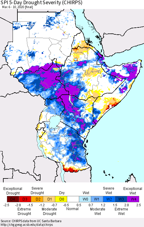 Eastern Africa SPI 5-Day Drought Severity (CHIRPS) Thematic Map For 3/6/2020 - 3/10/2020