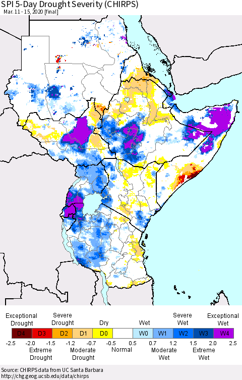 Eastern Africa SPI 5-Day Drought Severity (CHIRPS) Thematic Map For 3/11/2020 - 3/15/2020