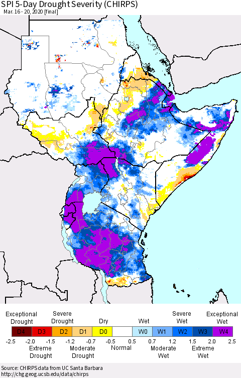 Eastern Africa SPI 5-Day Drought Severity (CHIRPS) Thematic Map For 3/16/2020 - 3/20/2020