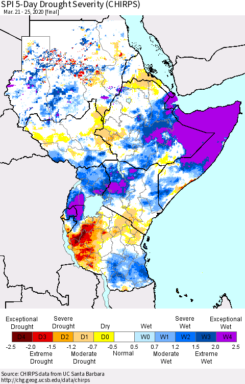 Eastern Africa SPI 5-Day Drought Severity (CHIRPS) Thematic Map For 3/21/2020 - 3/25/2020
