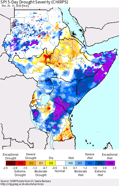 Eastern Africa SPI 5-Day Drought Severity (CHIRPS) Thematic Map For 3/26/2020 - 3/31/2020