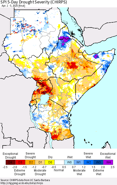 Eastern Africa SPI 5-Day Drought Severity (CHIRPS) Thematic Map For 4/1/2020 - 4/5/2020