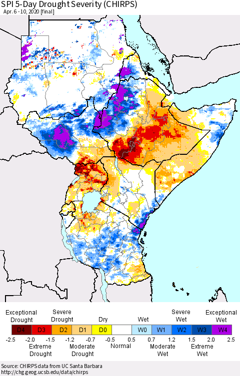 Eastern Africa SPI 5-Day Drought Severity (CHIRPS) Thematic Map For 4/6/2020 - 4/10/2020
