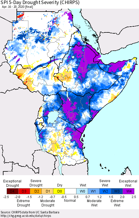 Eastern Africa SPI 5-Day Drought Severity (CHIRPS) Thematic Map For 4/16/2020 - 4/20/2020
