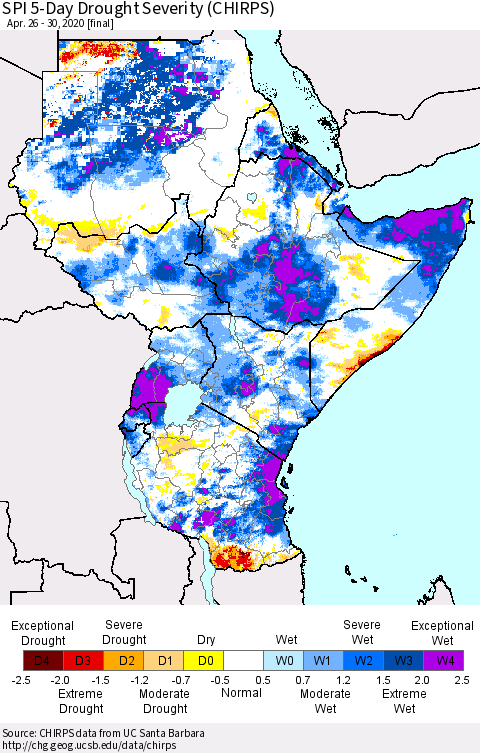 Eastern Africa SPI 5-Day Drought Severity (CHIRPS) Thematic Map For 4/26/2020 - 4/30/2020
