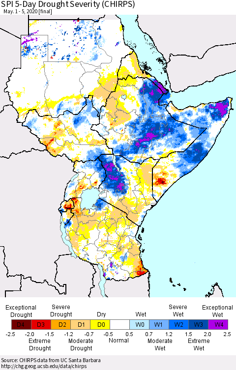 Eastern Africa SPI 5-Day Drought Severity (CHIRPS) Thematic Map For 5/1/2020 - 5/5/2020
