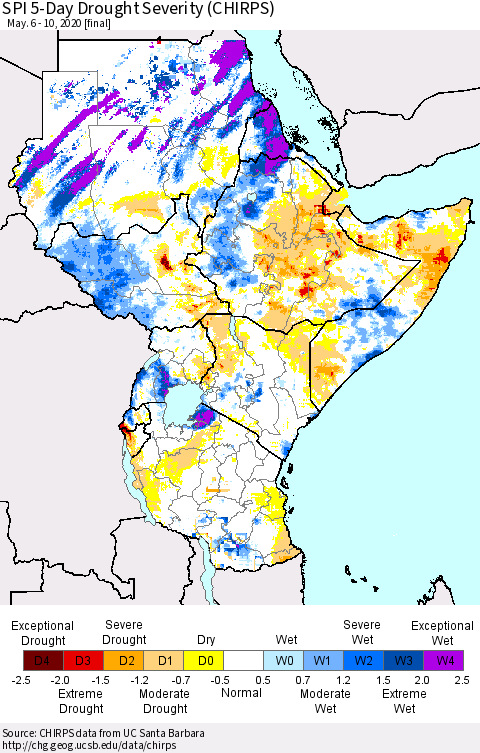 Eastern Africa SPI 5-Day Drought Severity (CHIRPS) Thematic Map For 5/6/2020 - 5/10/2020