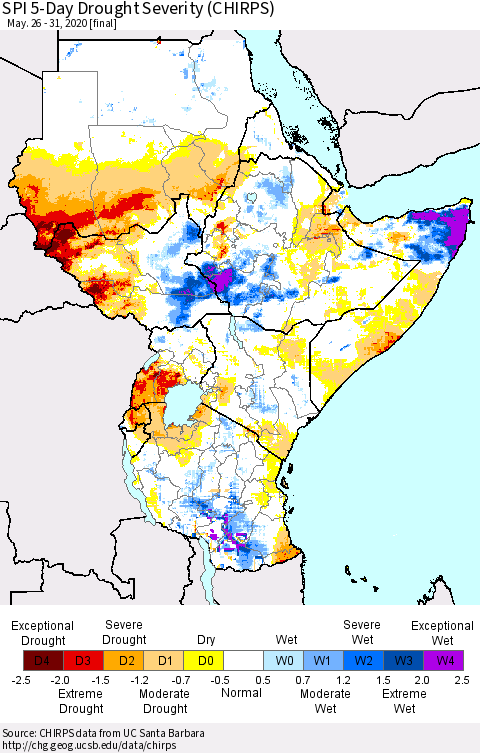 Eastern Africa SPI 5-Day Drought Severity (CHIRPS) Thematic Map For 5/26/2020 - 5/31/2020