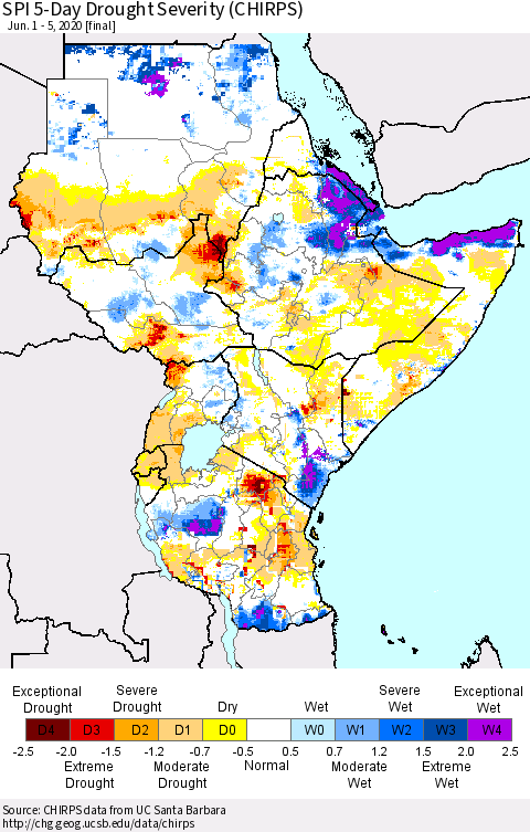 Eastern Africa SPI 5-Day Drought Severity (CHIRPS) Thematic Map For 6/1/2020 - 6/5/2020