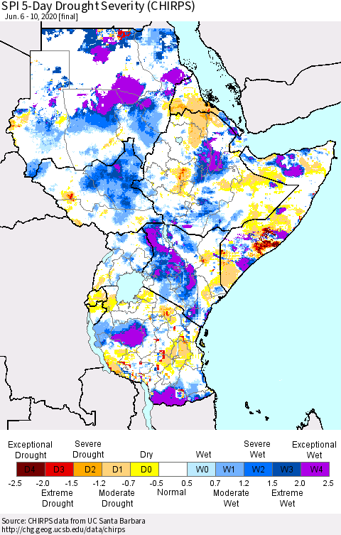 Eastern Africa SPI 5-Day Drought Severity (CHIRPS) Thematic Map For 6/6/2020 - 6/10/2020