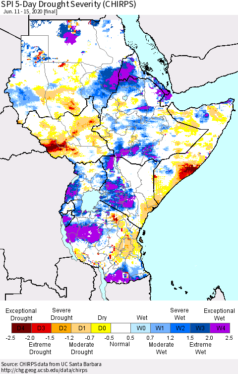 Eastern Africa SPI 5-Day Drought Severity (CHIRPS) Thematic Map For 6/11/2020 - 6/15/2020