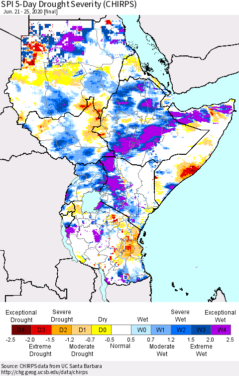 Eastern Africa SPI 5-Day Drought Severity (CHIRPS) Thematic Map For 6/21/2020 - 6/25/2020
