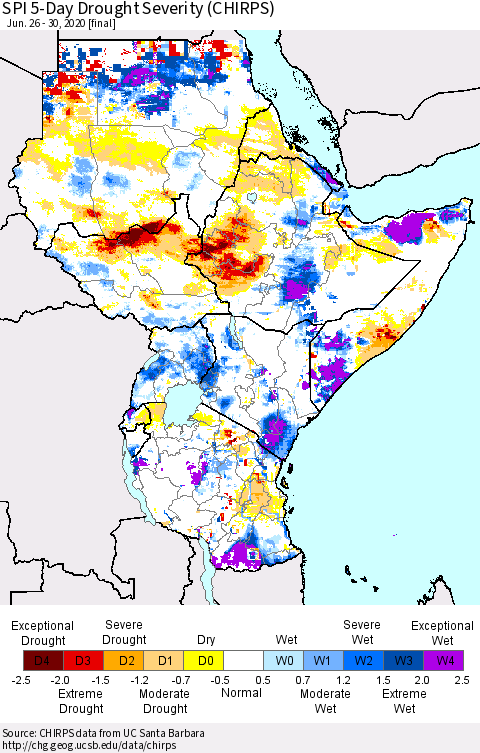 Eastern Africa SPI 5-Day Drought Severity (CHIRPS) Thematic Map For 6/26/2020 - 6/30/2020