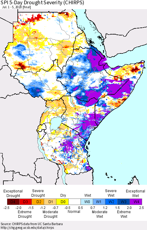 Eastern Africa SPI 5-Day Drought Severity (CHIRPS) Thematic Map For 7/1/2020 - 7/5/2020