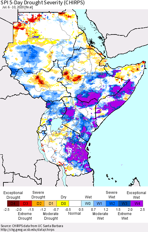 Eastern Africa SPI 5-Day Drought Severity (CHIRPS) Thematic Map For 7/6/2020 - 7/10/2020
