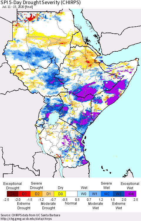 Eastern Africa SPI 5-Day Drought Severity (CHIRPS) Thematic Map For 7/11/2020 - 7/15/2020