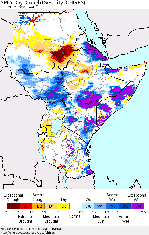 Eastern Africa SPI 5-Day Drought Severity (CHIRPS) Thematic Map For 7/21/2020 - 7/25/2020