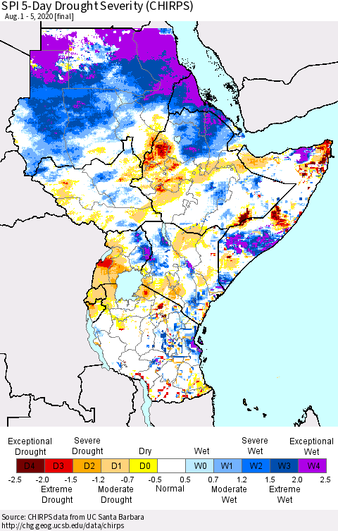 Eastern Africa SPI 5-Day Drought Severity (CHIRPS) Thematic Map For 8/1/2020 - 8/5/2020