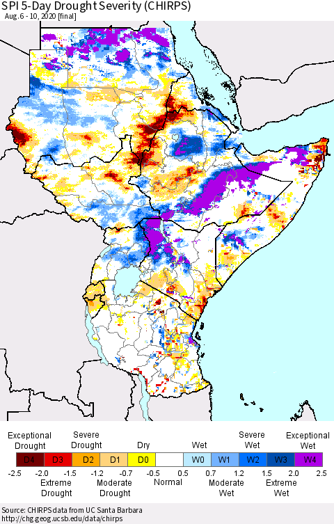 Eastern Africa SPI 5-Day Drought Severity (CHIRPS) Thematic Map For 8/6/2020 - 8/10/2020