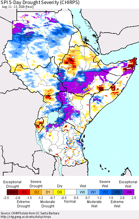 Eastern Africa SPI 5-Day Drought Severity (CHIRPS) Thematic Map For 8/11/2020 - 8/15/2020