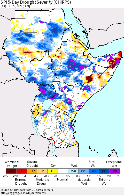 Eastern Africa SPI 5-Day Drought Severity (CHIRPS) Thematic Map For 8/16/2020 - 8/20/2020